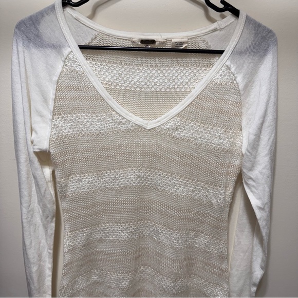 Miss Me Loose Crochet Sheer Sweater Cream Color Long Sleeve V Neck Medium - Picture 2 of 13